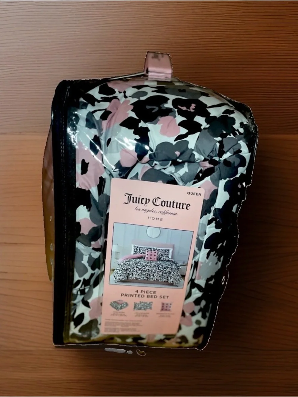Juicy Couture 4-Piece Queen Printed Bed Set - Black Pink Floral Camo Comforter
